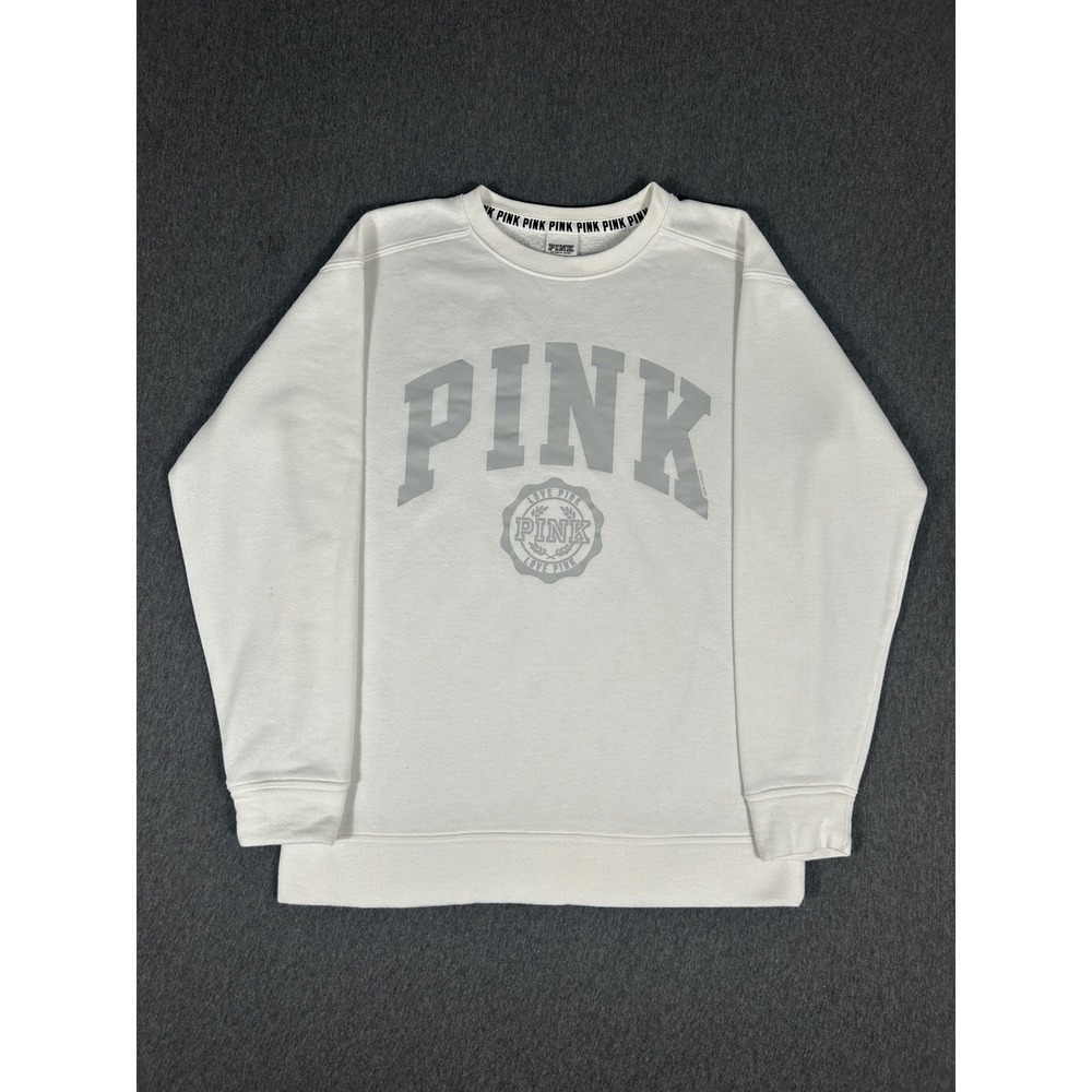 Victoria's Secret PINK Campus Crewneck Sweatshirt Womens XS White Logo